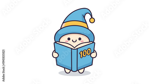 A cute cartoon wizard character wearing a blue hat while reading a book with the number one hundred Vector