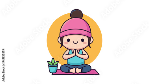 A cute cartoon character sitting in a peaceful yoga pose with a small green plant on a yoga mat Vector