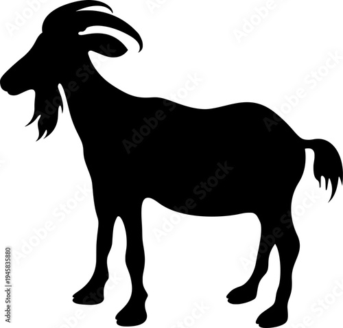 black goat silhouette with curved horns and beard isolated on white
