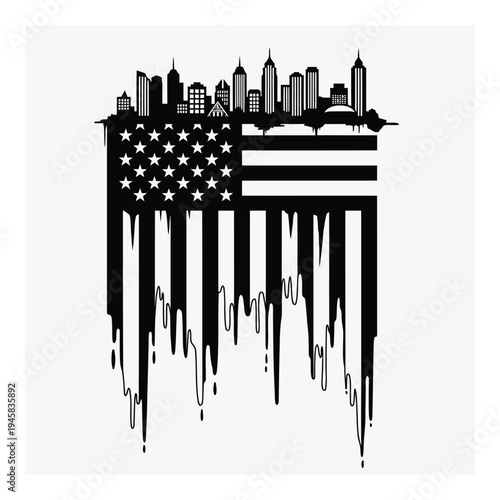 American flagthemed table with city skyline design and tattered fabric edges decoration