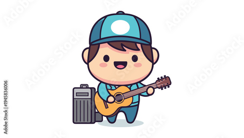 A cute cartoon character wearing a blue cap playing an acoustic guitar with a small amplifier box Vector