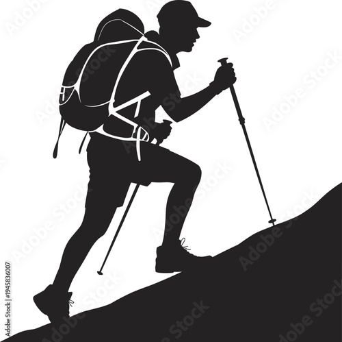 Silhouette of a Male Hiker Trekking Up a Mountain with Backpack and Poles for Outdoor Adventure Design
