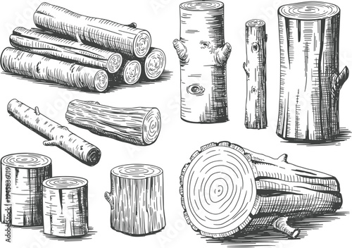 Wooden timber pile and lumber trunk sketches isolated on white background decoration