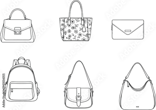 Black and white vector line art set of various fashion bags including backpack tote clutch and shoulder bag isolated on white