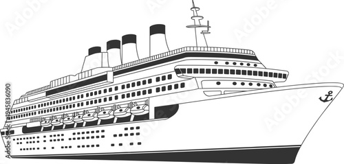 WebCruise ship vector, black and white illustration, passenger vessel, nautical design, maritime transport, ocean travel, luxury liner, detailed sketch