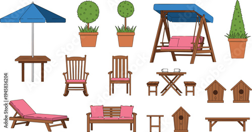 Outdoor garden furniture collection vector, patio chairs table umbrella swing bench set, backyard landscape elements, wooden furniture illustration isolated