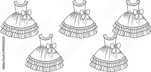 WebFashion dress silhouette illustration with bow waist, layered ruffled skirt, elegant clothing design, stylish outfit, garment pattern, decorative art, apparel