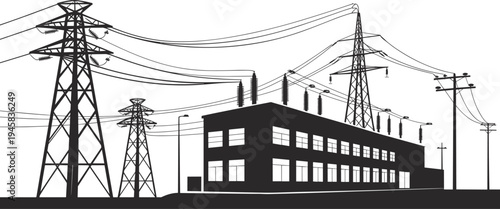 WebElectrical substation vector, black and white illustration, power distribution facility, high voltage towers, energy infrastructure, utility design, industrial sketch