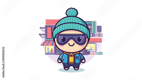 A cute cartoon character wearing a warm winter hat and stylish goggles in a colorful city setting Vector