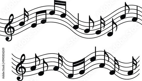 Black music notes and stave waves isolated on white background for creative projects