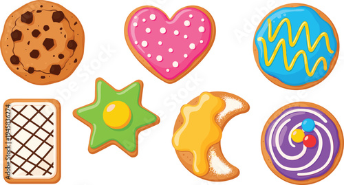 Set of various decorated cookies and biscuits featuring chocolate chips heart shape stars and colorful icing in vibrant cartoon style for bakery and dessert design.