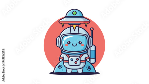 A cute cartoon astronaut standing under a small hovering flying saucer against a circular backdrop Vector