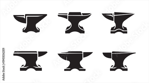 Blacksmith anvil silhouette icon set, forging metalworking tool symbols