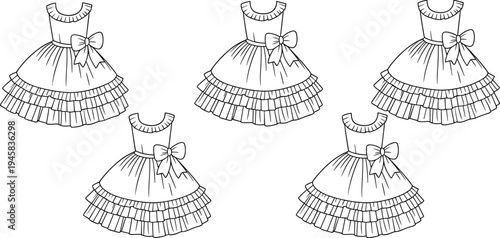 WebFashion dress vector, black and white illustration, ruffled hem, sleeveless design, bow waist detail, garment sketch, clothing silhouette art