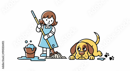 A worried person cleans up after a guilty dog tracks mud around the room