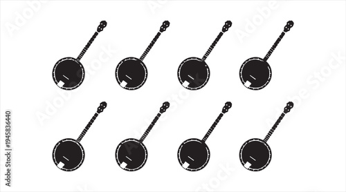 Banjo instrument icon set, folk string musical instrument silhouettes