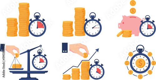 Set of time is money concept icons featuring stacks of coins stopwatches piggy banks and financial growth graphs in flat cartoon style for business design.