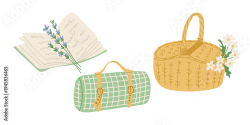 Illustrated picnic scene featuring an open notebook with handwritten notes, a green checkered picnic blanket roll, and a woven basket with flowers