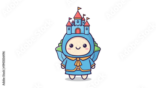 A cute cartoon character wearing a blue royal castle as a hat with a friendly and happy expression Vector