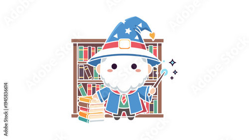 A cute cartoon wizard holding a magic wand while standing in front of a full wooden bookshelf Vector