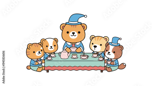 A group of five cute cartoon bears wearing blue nightcaps sitting around a table having tea party Vector
