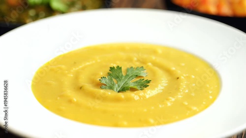 Creamy Yellow Lentil Dal Soup Garnished with Fresh Cilantro