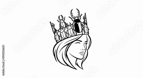A stylized illustration of a woman's head wearing a crown adorned with beetles