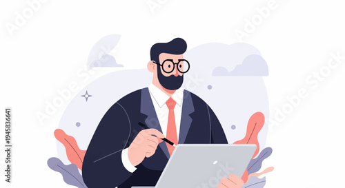 Bearded man in glasses and suit using stylus on laptop with abstract shapes