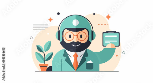 Bearded man in a teal suit with headset holds tablet