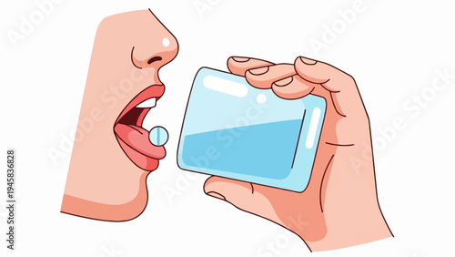 Close up of a mouth with a pill on the tongue and a hand holding a glass of water