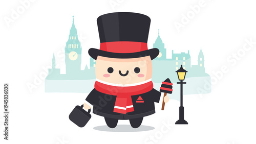 A cute cartoon gentleman character wearing a top hat and scarf standing in front of london skyline Vector