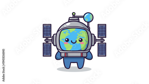 A cute cartoon planet earth character wearing a futuristic astronaut space suit with solar panels Vector