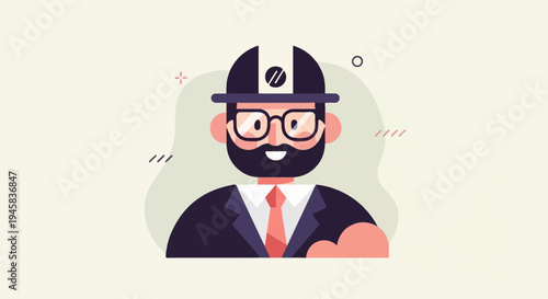 Bearded man in hard hat and suit, flat design illustration