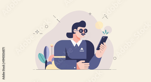 Stylized character in blue suit interacting with smartphone amidst abstract shapes