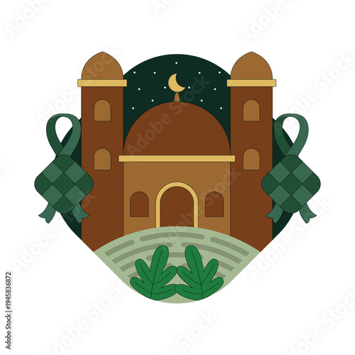 Flat Illustration of Mosque with Ketupat for Eid al-Fitr Celebration