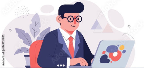 Cheerful businessman in glasses and suit works on laptop with plant