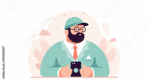 Bearded man in cap and glasses holds a smartphone