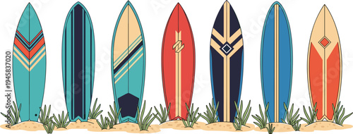 Set of various surfboard designs on sand with beach grass featuring colorful geometric patterns in cartoon style for summer surf design.