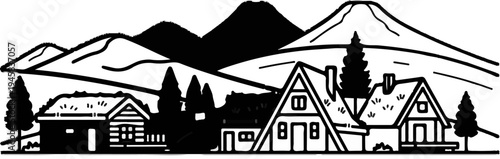 A stylized line drawing depicts a village nestled beneath majestic mountains