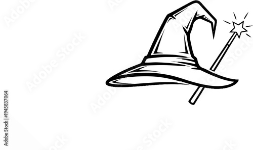 A stylized black and white drawing of a pointed witch's hat with a star wand
