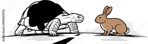 A turtle and a rabbit face off on a road, symbolizing a race