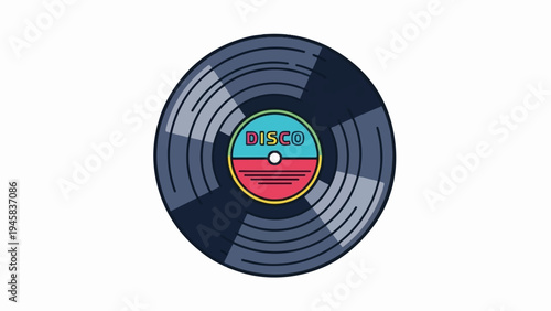 A vintage disco record spins with colorful labels, evoking retro music and dance