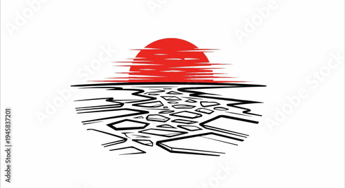 Abstract sun and fractured ice on water