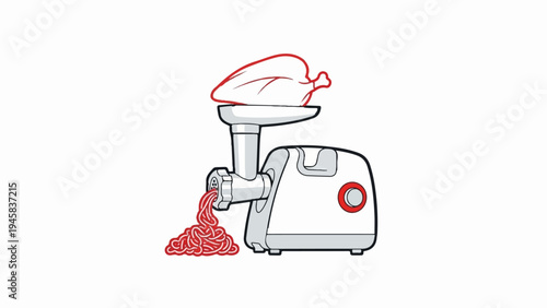 A white and gray meat grinder processes a red outline of a chicken