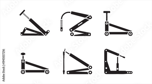 Hydraulic car jack icon set, automotive lifting tool silhouettes collection