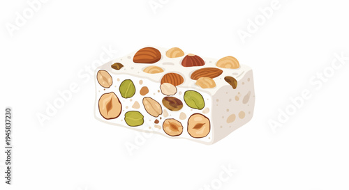 A white nougat confection studded with various nuts and pistachios