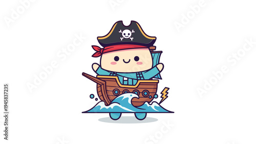 A cute cartoon character wearing a pirate hat and sailing on a small wooden ship across the ocean Vector