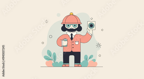 Stylized character in hat and jacket holds camera and drink with foliage