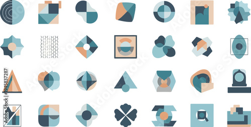 Abstract geometric shapes in muted colors teal, beige, and navy blue