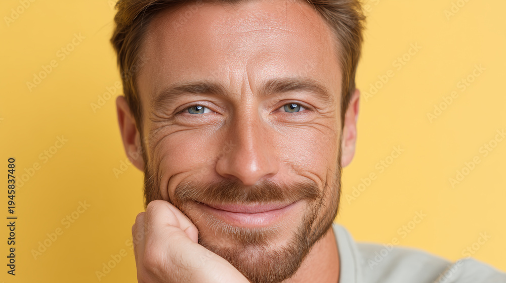 Fototapeta premium Smiling man with groomed beard and natural glowing skin resting chin on hand, relaxed portrait with warm yellow background conveying calm confidence and approachability